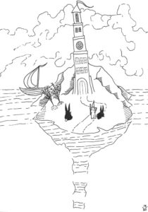 A drawing of an island with boat