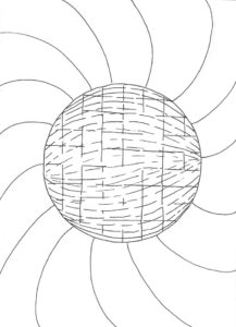 drawing of a sphere with spiral background